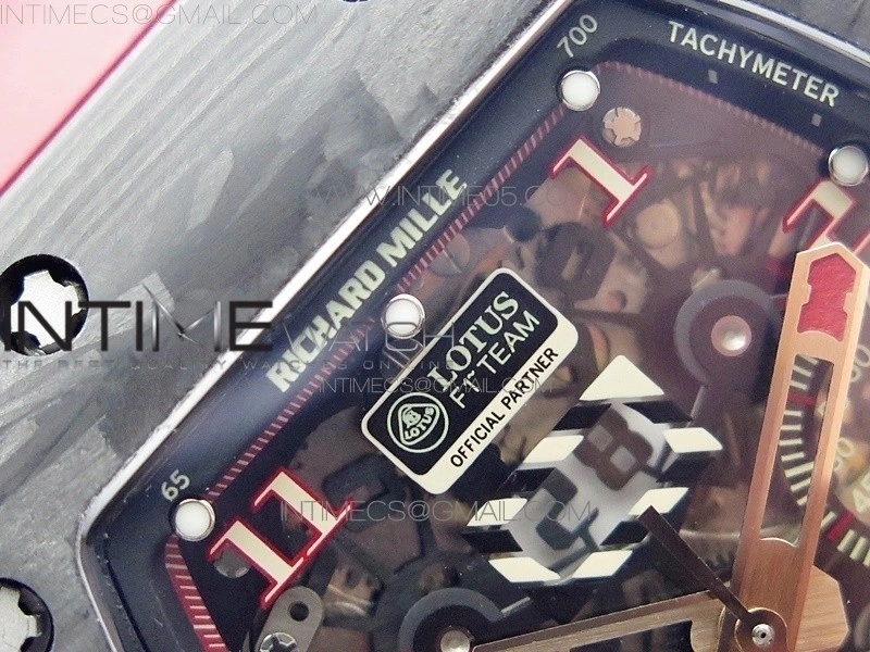 RM011 Carbon Case Carbon Bezel Chronograph KVF 1:1 Best Edition Skeleton Dial Red RG on Red Rubber Strap A7750
