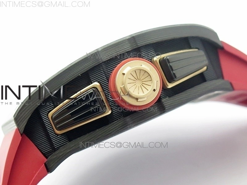 RM011 Carbon Case Carbon Bezel Chronograph KVF 1:1 Best Edition Skeleton Dial Red RG on Red Rubber Strap A7750