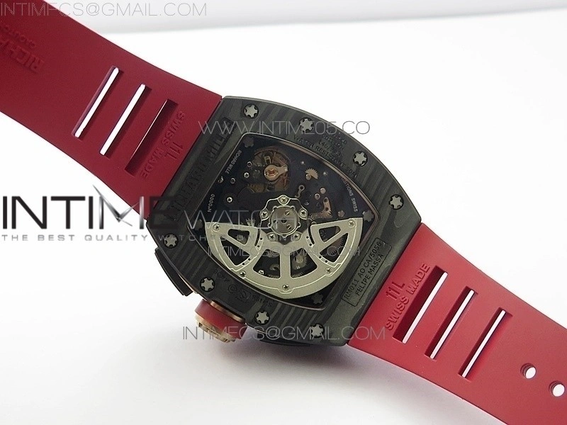 RM011 Carbon Case Carbon Bezel Chronograph KVF 1:1 Best Edition Skeleton Dial Red RG on Red Rubber Strap A7750