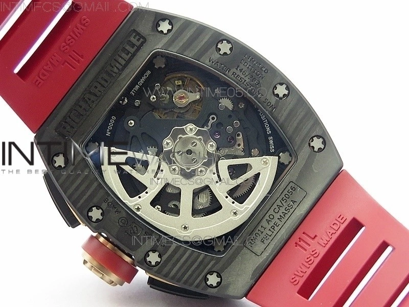RM011 Carbon Case Carbon Bezel Chronograph KVF 1:1 Best Edition Skeleton Dial Red RG on Red Rubber Strap A7750
