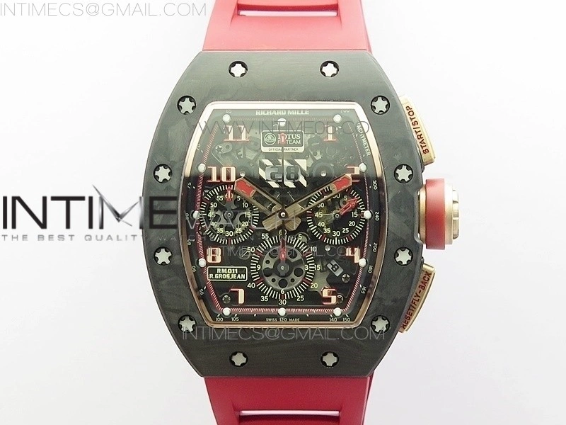 RM011 RG Case Carbon Bezel Chronograph KVF 1:1 Best Edition Skeleton Dial Red RG on Red Rubber Strap A7750