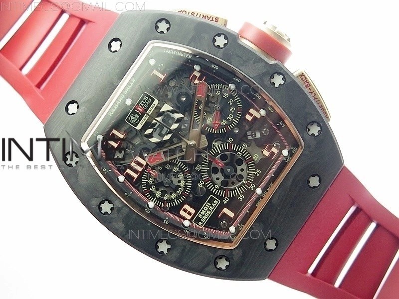RM011 RG Case Carbon Bezel Chronograph KVF 1:1 Best Edition Skeleton Dial Red RG on Red Rubber Strap A7750