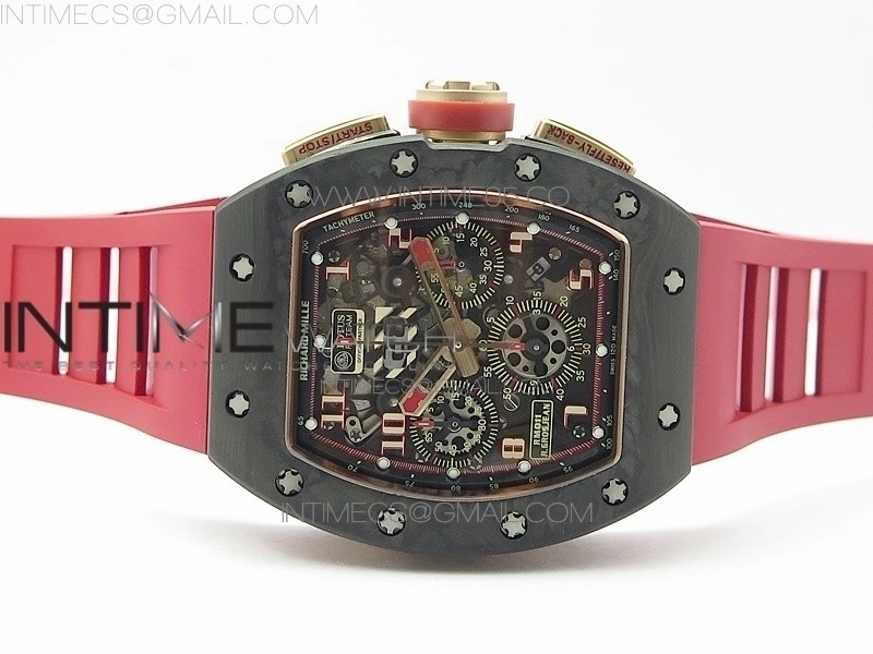 RM011 RG Case Carbon Bezel Chronograph KVF 1:1 Best Edition Skeleton Dial Red RG on Red Rubber Strap A7750