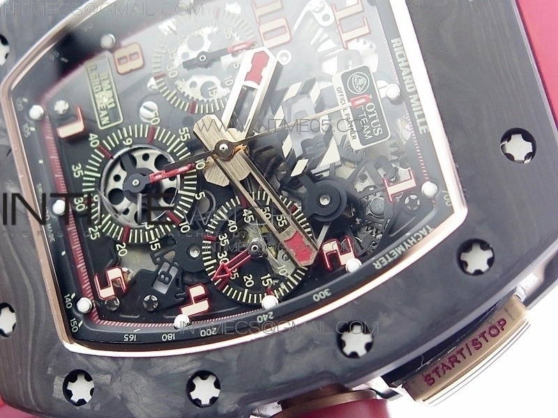 RM011 RG Case Carbon Bezel Chronograph KVF 1:1 Best Edition Skeleton Dial Red RG on Red Rubber Strap A7750