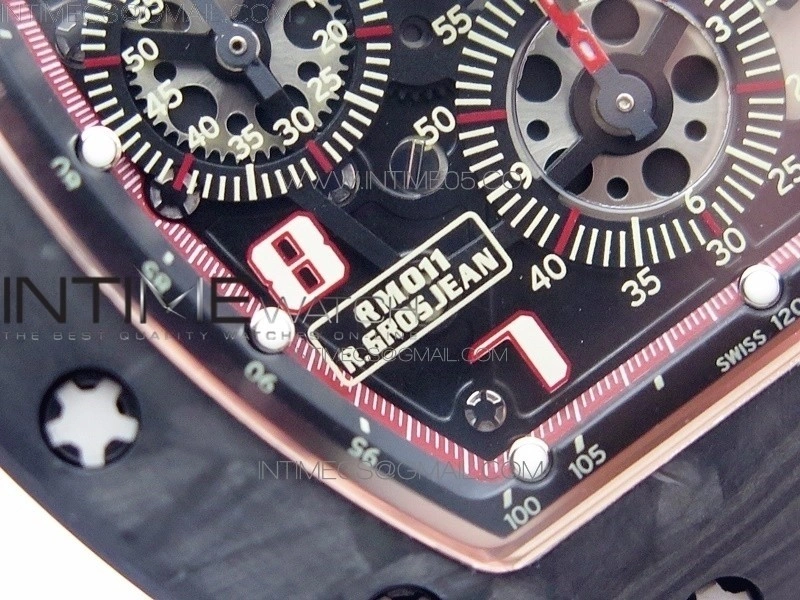 RM011 RG Case Carbon Bezel Chronograph KVF 1:1 Best Edition Skeleton Dial Red RG on Red Rubber Strap A7750