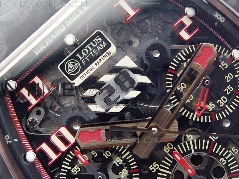 RM011 RG Case Carbon Bezel Chronograph KVF 1:1 Best Edition Skeleton Dial Red RG on Red Rubber Strap A7750
