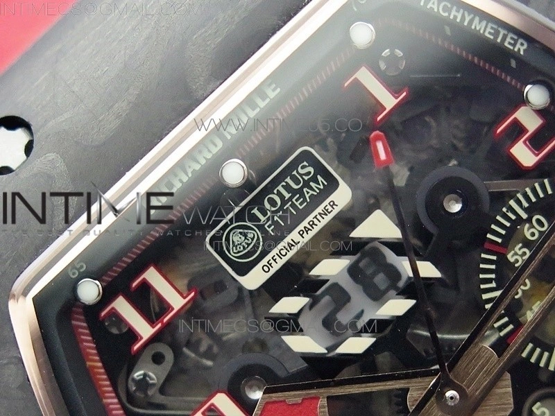 RM011 RG Case Carbon Bezel Chronograph KVF 1:1 Best Edition Skeleton Dial Red RG on Red Rubber Strap A7750