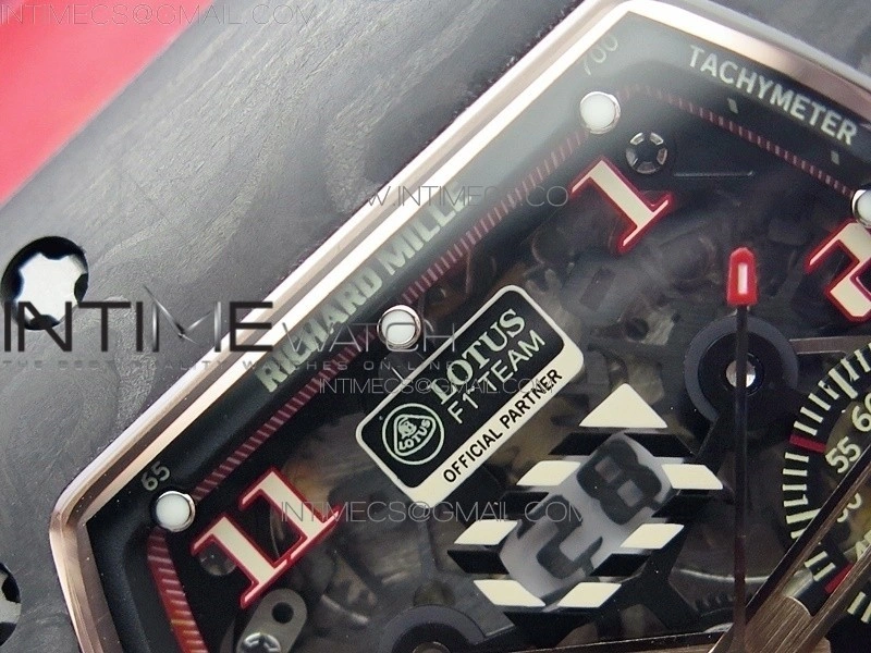 RM011 RG Case Carbon Bezel Chronograph KVF 1:1 Best Edition Skeleton Dial Red RG on Red Rubber Strap A7750