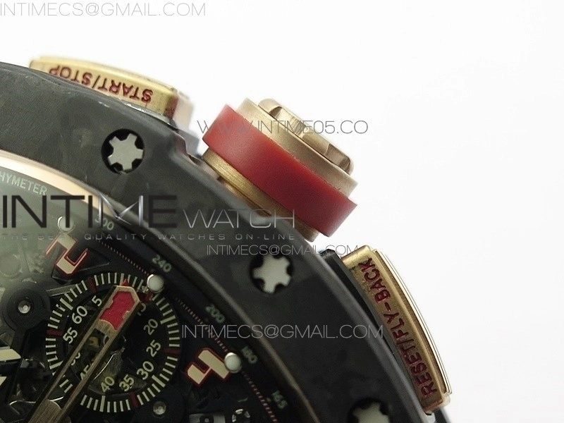 RM011 RG Case Carbon Bezel Chronograph KVF 1:1 Best Edition Skeleton Dial Red RG on Red Rubber Strap A7750
