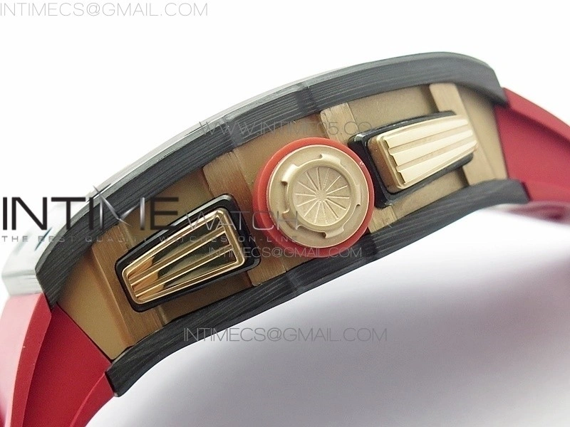 RM011 RG Case Carbon Bezel Chronograph KVF 1:1 Best Edition Skeleton Dial Red RG on Red Rubber Strap A7750