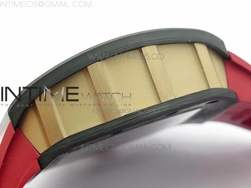 RM011 RG Case Carbon Bezel Chronograph KVF 1:1 Best Edition Skeleton Dial Red RG on Red Rubber Strap A7750