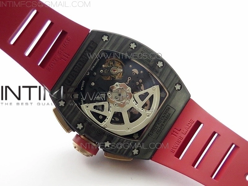 RM011 RG Case Carbon Bezel Chronograph KVF 1:1 Best Edition Skeleton Dial Red RG on Red Rubber Strap A7750