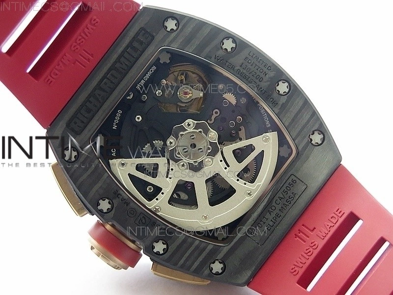 RM011 RG Case Carbon Bezel Chronograph KVF 1:1 Best Edition Skeleton Dial Red RG on Red Rubber Strap A7750