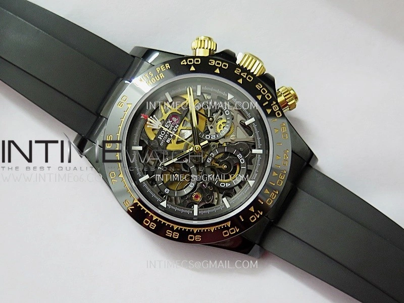 Daytona Blaken Carbon Bezel PVD Sonic Best Edition Skeleton Dial On Black Rubber Strap Super Clone SA4130