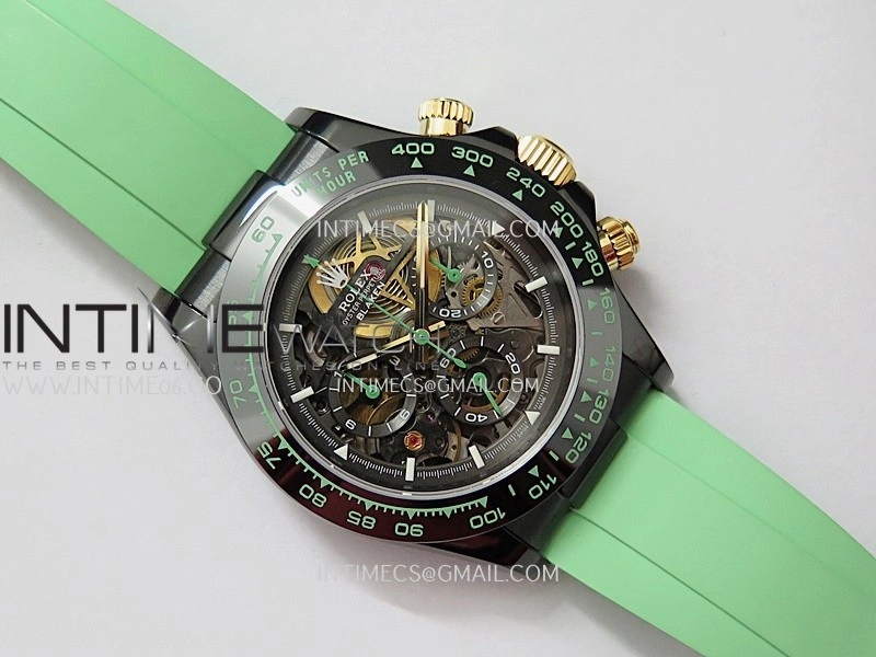 Daytona Blaken Ceramic Bezel PVD Sonic Best Edition Skeleton Dial On Green Rubber Strap Super Clone SA4130
