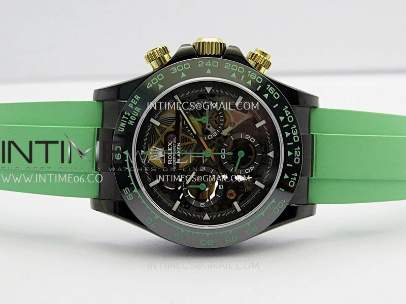 Daytona Blaken Ceramic Bezel PVD Sonic Best Edition Skeleton Dial On Green Rubber Strap Super Clone SA4130