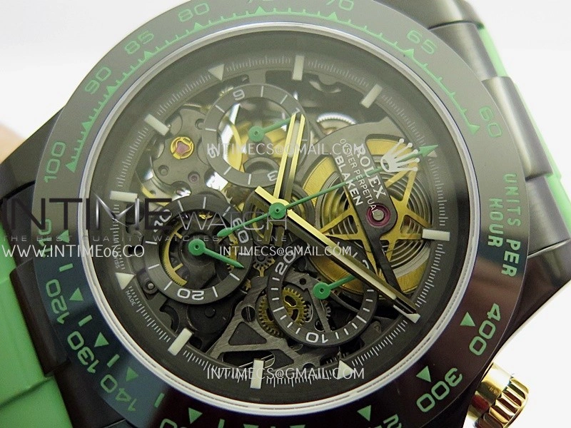 Daytona Blaken Ceramic Bezel PVD Sonic Best Edition Skeleton Dial On Green Rubber Strap Super Clone SA4130