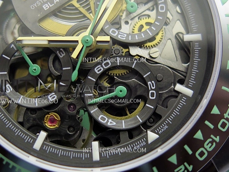 Daytona Blaken Ceramic Bezel PVD Sonic Best Edition Skeleton Dial On Green Rubber Strap Super Clone SA4130
