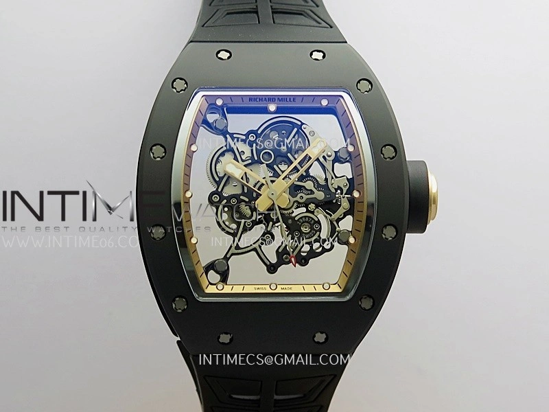 RM055 Black Case Gold Inner Bezel Umi Office 1:1 Best Edition Skeleton Dial Black Rubber Strap RMUL2 Super Clone