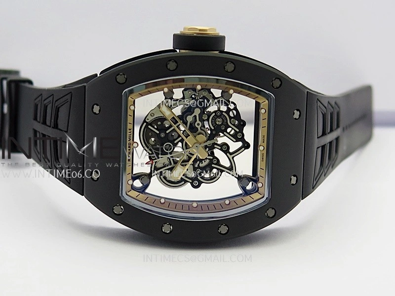 RM055 Black Case Gold Inner Bezel Umi Office 1:1 Best Edition Skeleton Dial Black Rubber Strap RMUL2 Super Clone