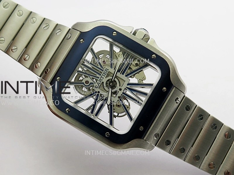 Santos de Cartier Skeleton SS MLF Skeleton Blue Skeleton Dial Blue Bezel on SS SmartLink Bracelet 9611MC Super Clone