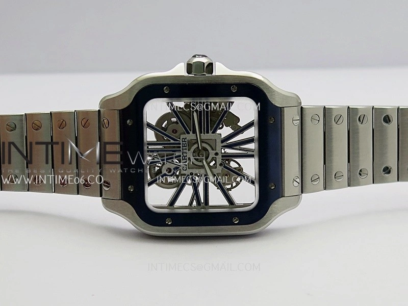 Santos de Cartier Skeleton SS MLF Skeleton Blue Skeleton Dial Blue Bezel on SS SmartLink Bracelet 9611MC Super Clone