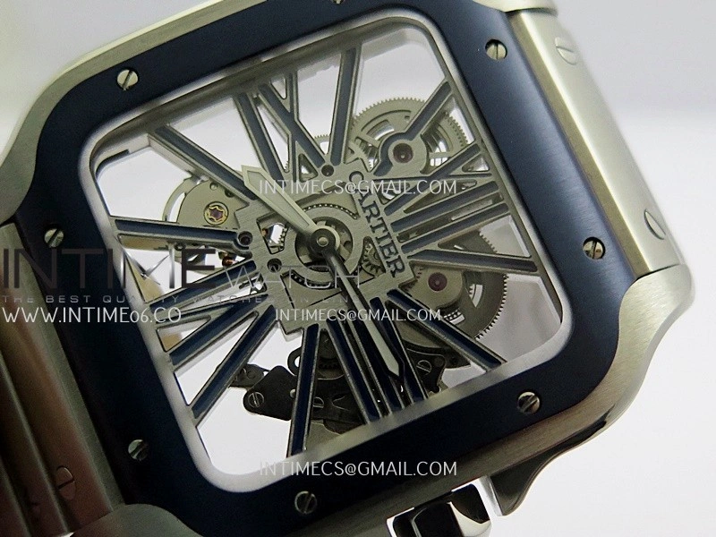 Santos de Cartier Skeleton SS MLF Skeleton Blue Skeleton Dial Blue Bezel on SS SmartLink Bracelet 9611MC Super Clone