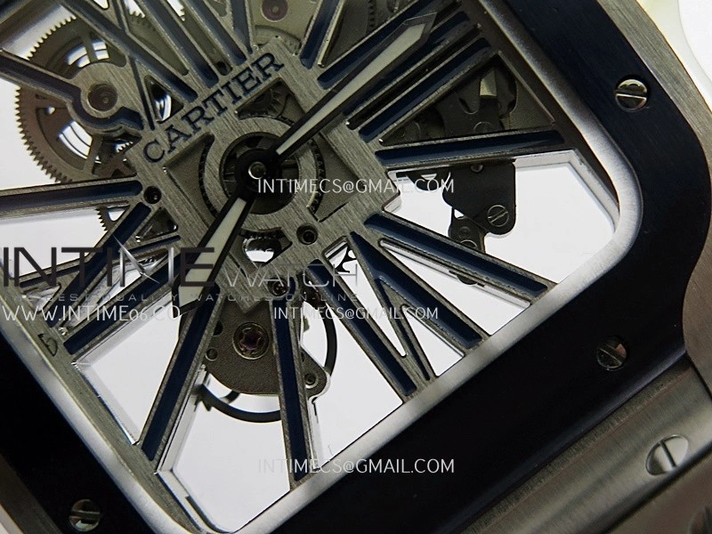 Santos de Cartier Skeleton SS MLF Skeleton Blue Skeleton Dial Blue Bezel on SS SmartLink Bracelet 9611MC Super Clone