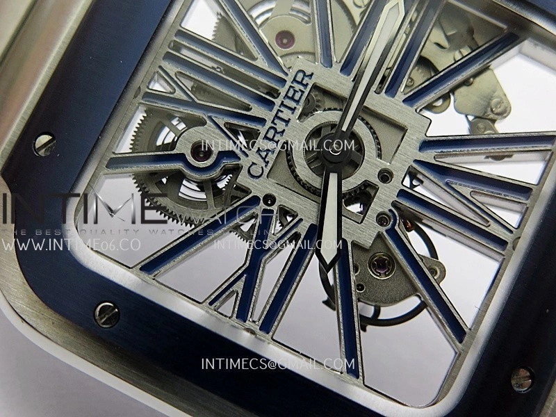 Santos de Cartier Skeleton SS MLF Skeleton Blue Skeleton Dial Blue Bezel on SS SmartLink Bracelet 9611MC Super Clone