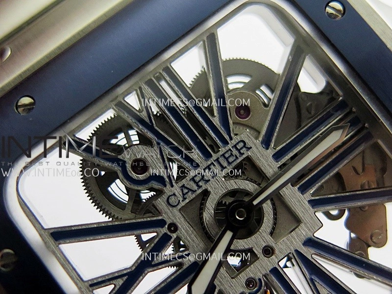 Santos de Cartier Skeleton SS MLF Skeleton Blue Skeleton Dial Blue Bezel on SS SmartLink Bracelet 9611MC Super Clone