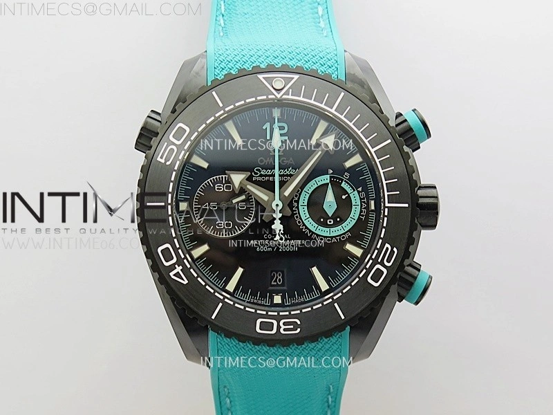 Planet Ocean Master Chrono Deep Black Ceramic SCF 1:1 Best Edition Black Dial on Light Blue Rubber Strap A9900