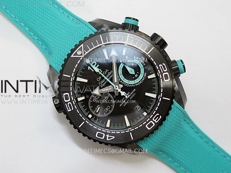 Planet Ocean Master Chrono Deep Black Ceramic SCF 1:1 Best Edition Black Dial on Light Blue Rubber Strap A9900