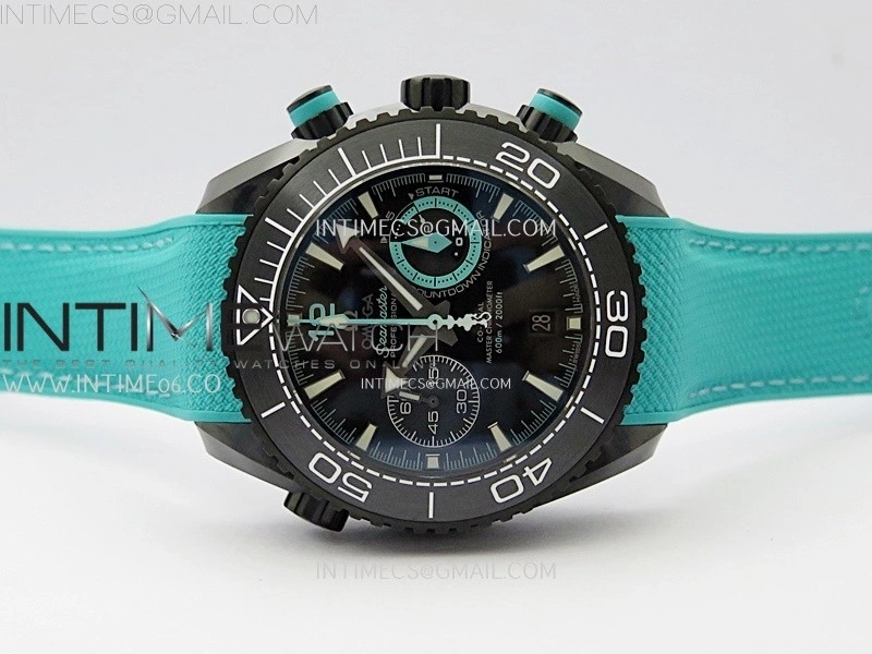 Planet Ocean Master Chrono Deep Black Ceramic SCF 1:1 Best Edition Black Dial on Light Blue Rubber Strap A9900