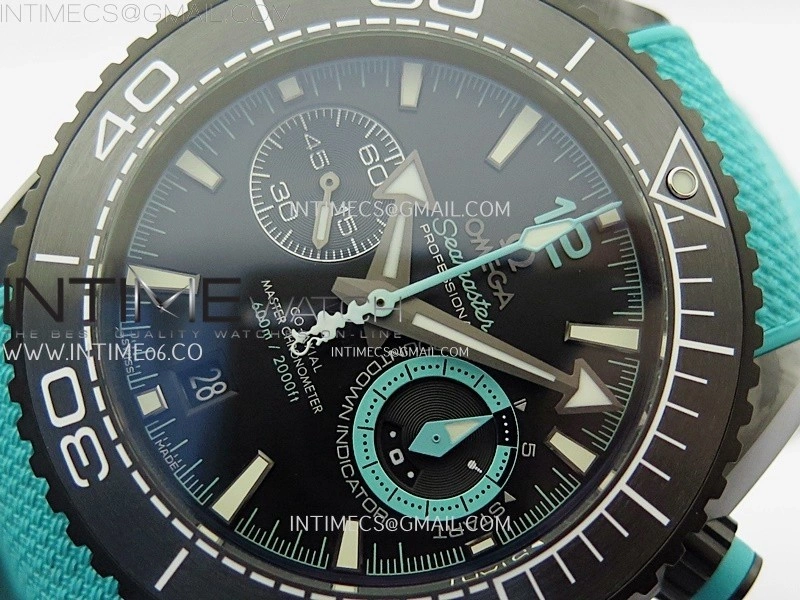 Planet Ocean Master Chrono Deep Black Ceramic SCF 1:1 Best Edition Black Dial on Light Blue Rubber Strap A9900
