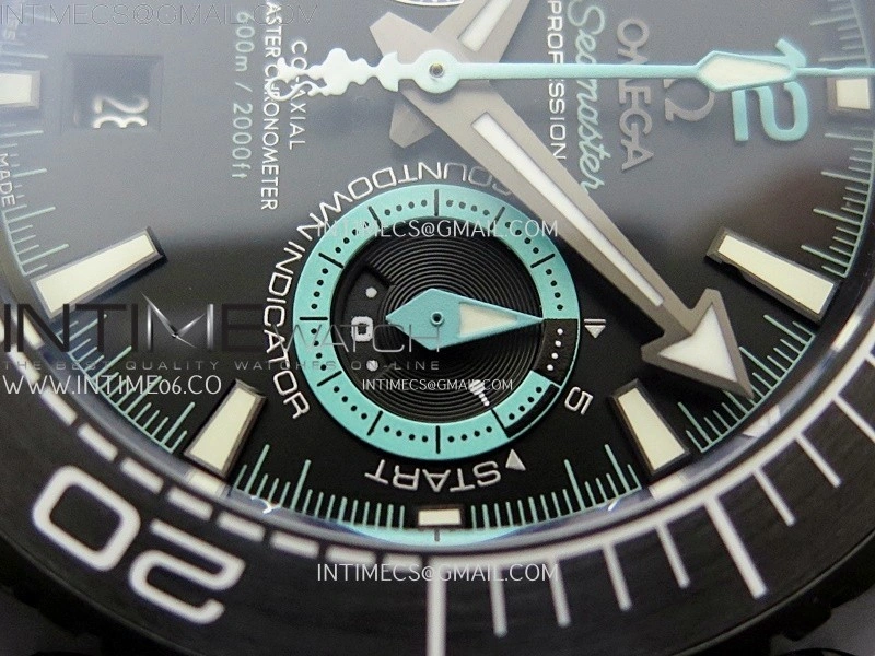 Planet Ocean Master Chrono Deep Black Ceramic SCF 1:1 Best Edition Black Dial on Light Blue Rubber Strap A9900