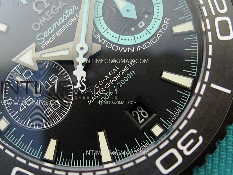 Planet Ocean Master Chrono Deep Black Ceramic SCF 1:1 Best Edition Black Dial on Light Blue Rubber Strap A9900