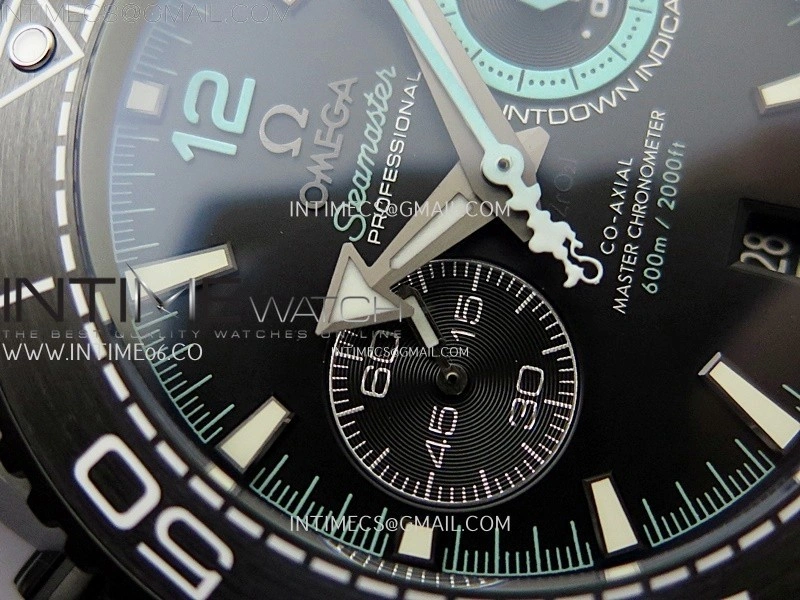 Planet Ocean Master Chrono Deep Black Ceramic SCF 1:1 Best Edition Black Dial on Light Blue Rubber Strap A9900