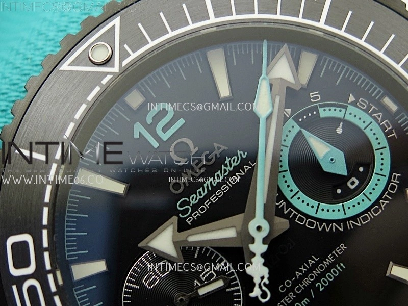 Planet Ocean Master Chrono Deep Black Ceramic SCF 1:1 Best Edition Black Dial on Light Blue Rubber Strap A9900