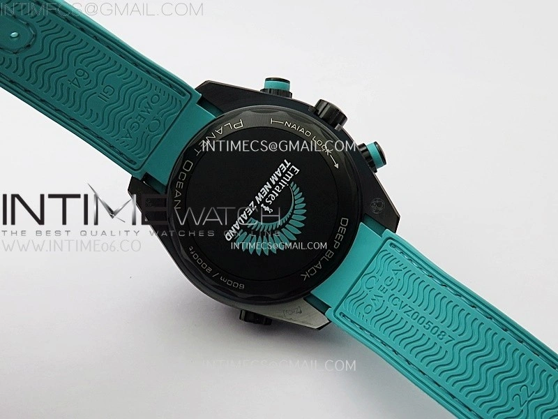 Planet Ocean Master Chrono Deep Black Ceramic SCF 1:1 Best Edition Black Dial on Light Blue Rubber Strap A9900