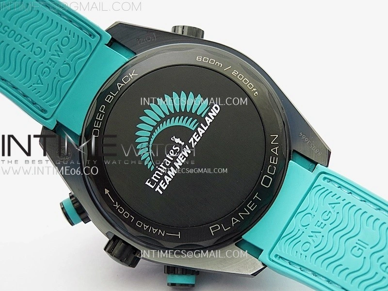 Planet Ocean Master Chrono Deep Black Ceramic SCF 1:1 Best Edition Black Dial on Light Blue Rubber Strap A9900