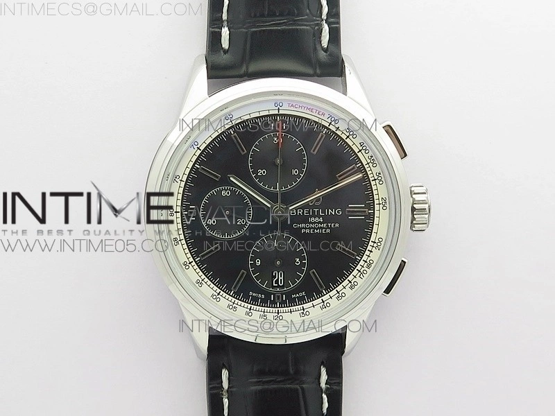 Premier A13315351 SS 42mm BLS 1:1 Best Edition Black Dial on Black Leather Strap A7750