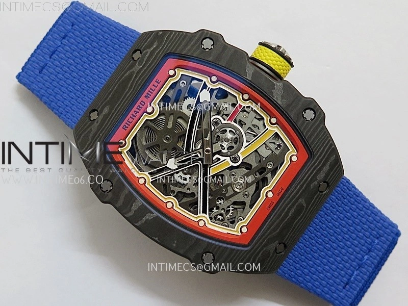 RM67-02 Red Yellow Inner Bezel Real NTPT 1:1 Best Edition Skeleton Dial On Blue Nylon strap CRMA7 Clone