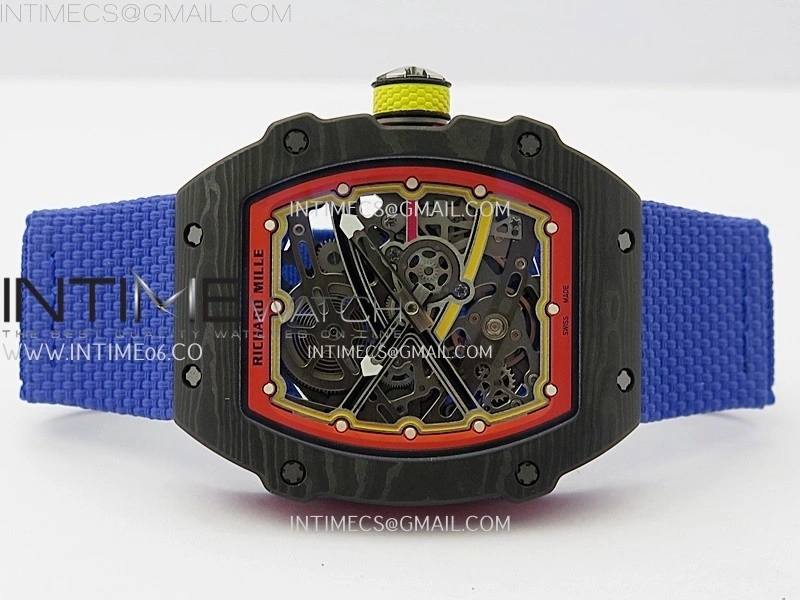 RM67-02 Red Yellow Inner Bezel Real NTPT 1:1 Best Edition Skeleton Dial On Blue Nylon strap CRMA7 Clone