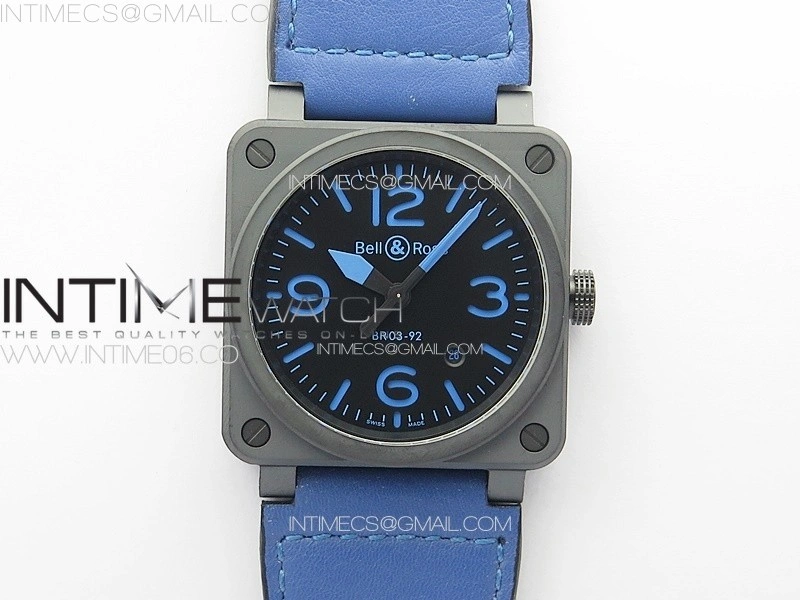 BR 03-92 Real Ceramic 1:1 Best Edition Black Dial Blue Markers on Blue Leather Strap MIYOTA 9015