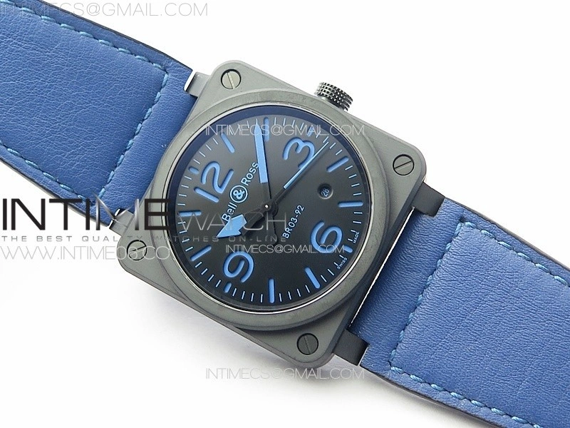BR 03-92 Real Ceramic 1:1 Best Edition Black Dial Blue Markers on Blue Leather Strap MIYOTA 9015