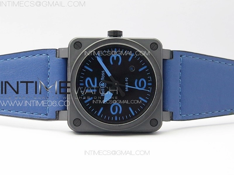 BR 03-92 Real Ceramic 1:1 Best Edition Black Dial Blue Markers on Blue Leather Strap MIYOTA 9015