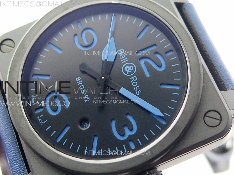 BR 03-92 Real Ceramic 1:1 Best Edition Black Dial Blue Markers on Blue Leather Strap MIYOTA 9015