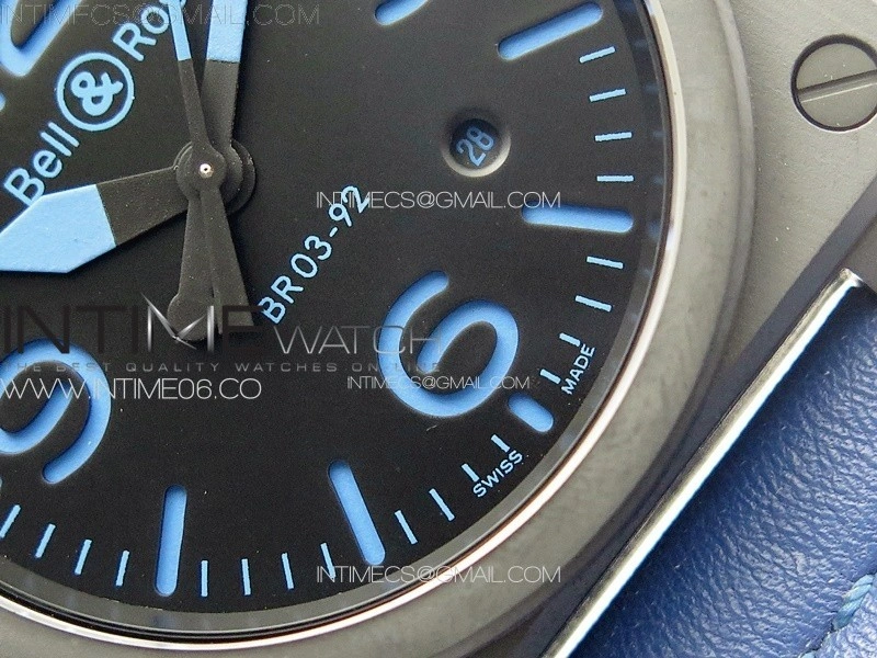 BR 03-92 Real Ceramic 1:1 Best Edition Black Dial Blue Markers on Blue Leather Strap MIYOTA 9015