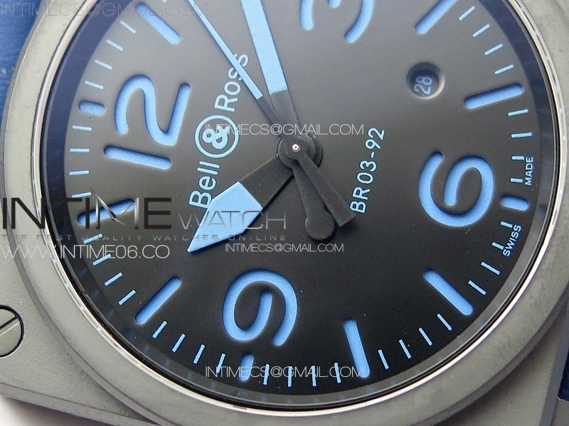 BR 03-92 Real Ceramic 1:1 Best Edition Black Dial Blue Markers on Blue Leather Strap MIYOTA 9015