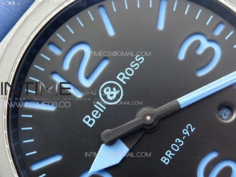 BR 03-92 Real Ceramic 1:1 Best Edition Black Dial Blue Markers on Blue Leather Strap MIYOTA 9015